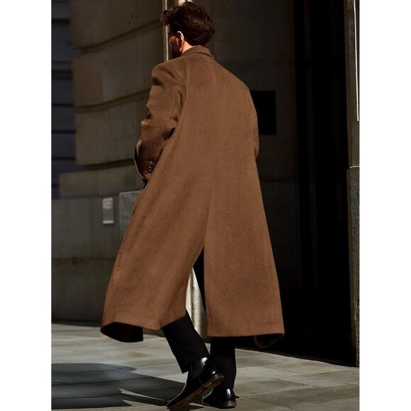 Men's Brown Wool Blend Pea Coat Notched Collar Double Breasted Trench Coats - Picture 4 of 6